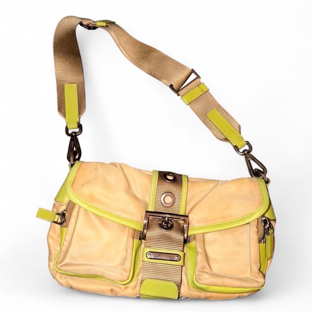 Prada vintage tessuto buckle beige and green bag